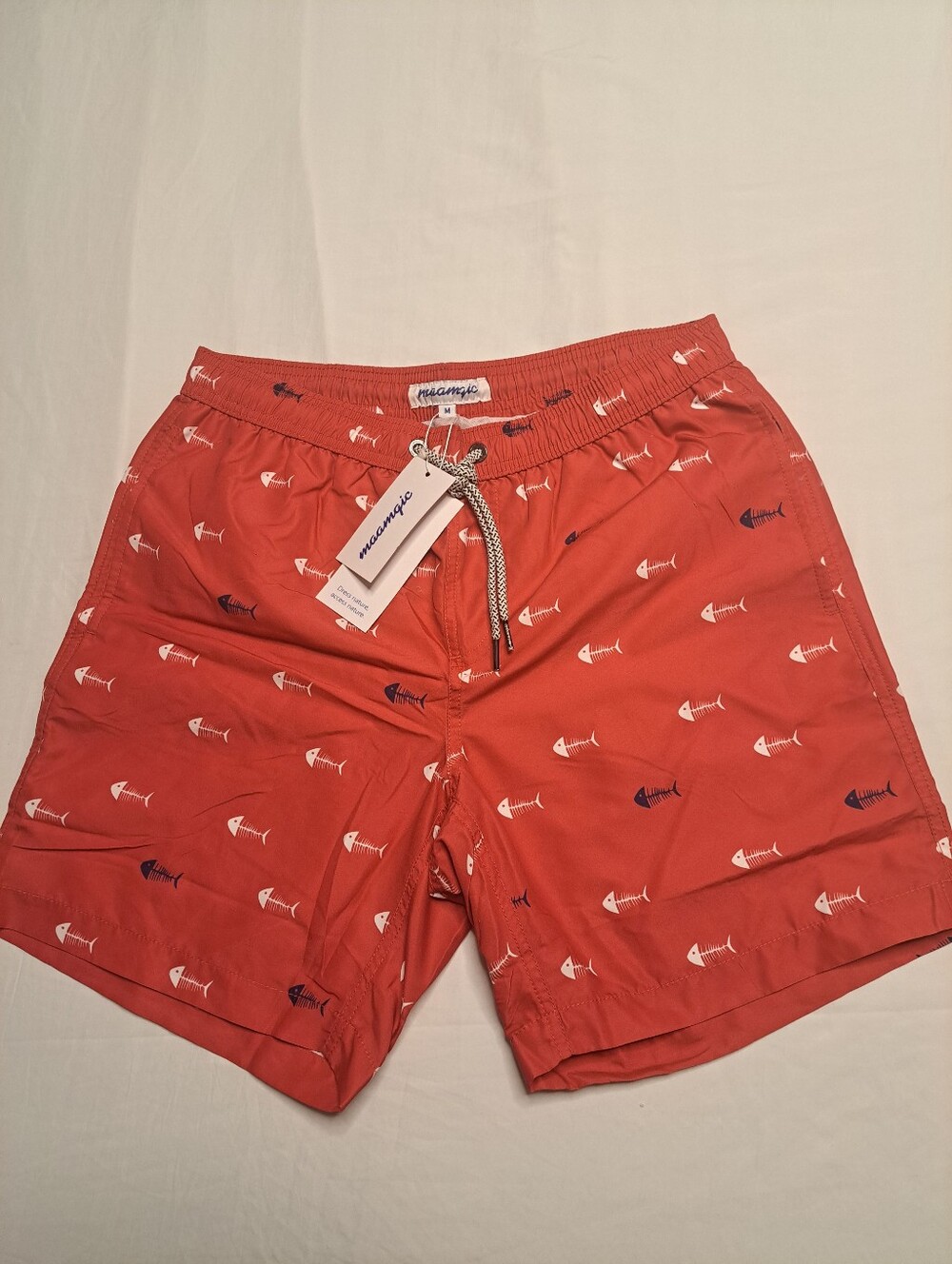 Coral Red Fishbone Print Swim Trunks